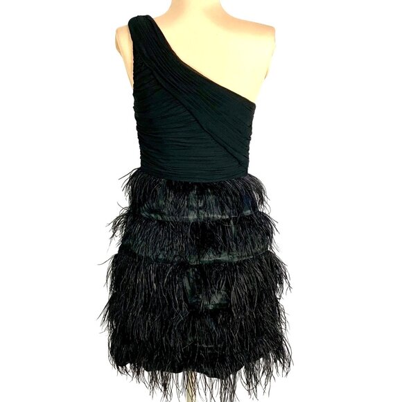 One-Shoulder Pleated Black Tie Feather Cocktail Dress Rhinestone Waist 8 Prom - Picture 8 of 12